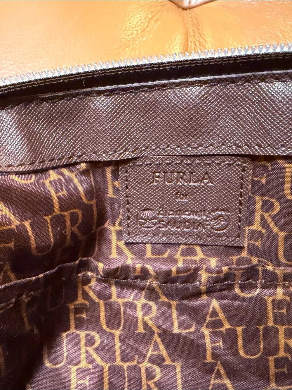 ✈️FURLA for Saudia Airlines Brown  Saffiano Leather Pouch w/ Gold Accents